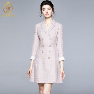 Mini abito slim a pieghe doppiopetto con maniche lunghe in tweed con intaglio in tweed da donna Autunno e inverno Lady Vestido Da Festa 210520