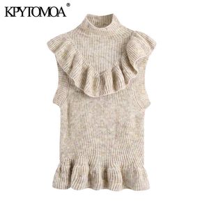 Kobiety Sweet Moda Potargowana Przycięta Kamizelka Dzianiny Sweter Vintage High Collar Bez Rękawów Kobiet Kamizelka Chic Topy 210416