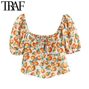 TRAF Women Sweet Fashion Fruit Print Cropped Blouses Vintage Puff Sleeves Back Elastic Female Shirts Blusas Chic Tops 210415