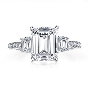 Rings Anziw 925 Sterling Zilveren 3 Karaat Emerald Cut Engagement Ring Voor Vrouwen 3-steen Gesimuleerde Diamond Wedding Band
