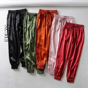 Vintage Czarny Satynowy Elastyczne Spodnie Wysokie Waist Kobiety Harem Joggers Streetwear Kobiece Spodnie Pocić Jesień 210521