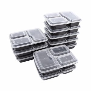 10 Pcs Plastic Reusable Bento Box Meal Storage Food Prep Lunch Box 3 Compartment Reusable Microwavable Containers Home Lunchbox 211108