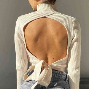 Knitted Women's Sweater Mock Neck Backless Long Sleeve Lace Up Female Pullover Sexy Streetwear Solid Slim Ladies Short Sweaters Y1110