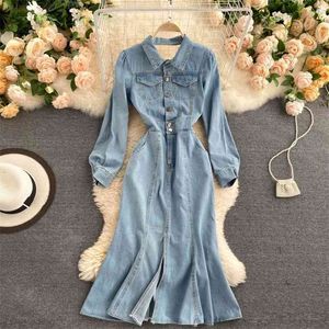 Primavera Autunno Donna Abito a sirena Manica lunga Colletto rovesciato Denim Donna Sexy Jeans slim es Robe Femme 210514