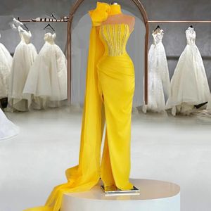 Elegant Yellow Mermaid Evening Dresses With Wrap Sparkly Crystal Plus Size Pageant Prom Party Gowns Robe De Soiree