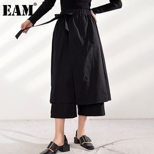[Eam] Alta Cintura Elástica Bandage Black Long Leg Calças Loose Calças Fit Calças Moda Moda Primavera Outono 1dB37101 21512