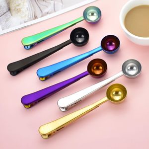 2021 Stainless Steel Coffee Measuring Spoon With Bag Seal Clip Multifunction Jelly Ice Cream Fruit Scoop Spoon Kitchen Accessories