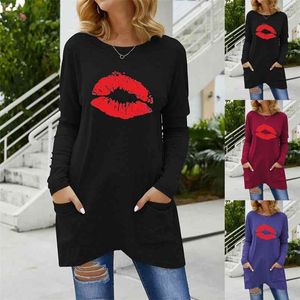 İlkbahar Sonbahar Uzun Kollu Gevşek Rahat Yuvarlak Boyun Cep Dudak Baskı T-shirt Kadın Orta Uzunlukta Kadın Tişörtleri Femme Tops 210517