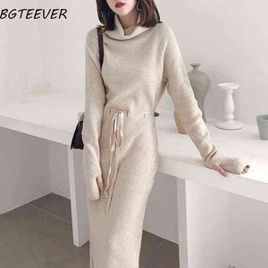 Winter Thicken Turtleneck Sweater Dress Women Lace Up Knitted Long Dress Female Knitwear Soft Vestidos 2021 high quality G1214