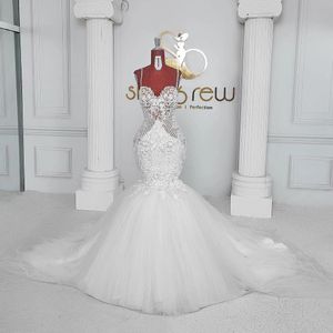 Luxury Crystal Mermaid Wedding Dress With Spaghetti Straps Sequins Summer Sweep Train Sexy Backless Bridal Dresses Custom Made Vestidos De Novia
