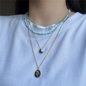 Boho vintage oval blomma måne hängande halsband för kvinnor femme goth blå pärla choker halsband mode smycken fest