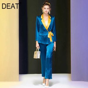 [DEAT] Spring Fashion Long Sleeve V-neck Splicing Blazer Wide Leg Pants Temperament Women Two-piece Suit 13C973 210527