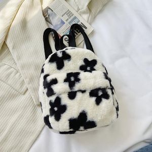 Fashion Preppy Style Women Flowers Printing Plush Backpack Casual Ladies Small Knapsack Mini Rucksacks