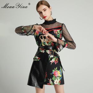 Mode Designer Set Spring Women's Mesh Långärmad Rose Floral-Print Velvet Toppar + Asymmetrisk PU Skirt Två-Piece Sets 210524