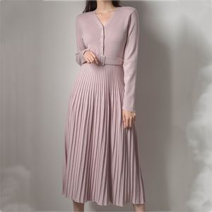 Wysokiej jakości Koreański Styl Dress Sukienka Kobieta V-Neck Elegancki sweter Vintage Kobieta Z Długim Rękawem Szata Zima Jesień 210514