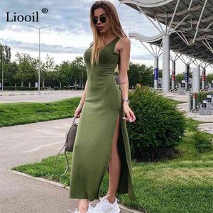 95% Cotton Sexy Bodycon Slit Midi Women's T-shirt Dress Streetwear Green Black Basic Casual Summer Sundress Tank Dresses 210730