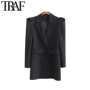 Trafik Kvinnor Vintage Snygg Kontorslitage Dubbel Breasted Blazer Coat Fashion Long Puff Sleeve Med Bälte Kvinnor Ytterkläder Chic Toppar 210415