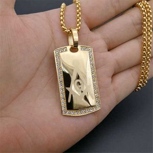 Men's Masonic Dog Tag Pendant Necklace with CZ Men Jewelry Stainless Steel mason Gold Tone Hip Hop Accessories