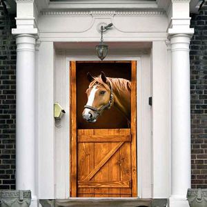 Wall Stickers Charm Set 3D Door Mural Horse Stable Sticker Wooden Fence Wallpaper Print Decal Self Adhesive Wrap