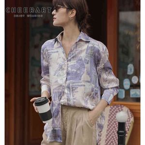 Vintage Building Print Long Sleeve Shirt Women Tops And Blouses Purple Button Up Fashion Fall Clothing 210427
