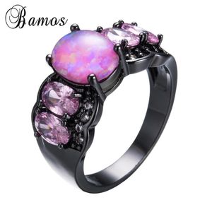 Bröllopsringar Bamos Women Lady Oval Pink Fire Opal Ring Black Gold Filled Mystic Party Engagement Valentine's Day Anel RB1099