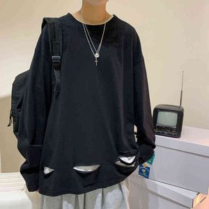 Men's Cotton Fashion T-shirt Full Sleeve Mens Spring Tshirts Male Oversized Tee Shirts Casual T Shirt Tee For Man With Hole H1218