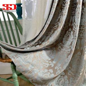 European Damask Jacquard Curtain for Living Room Blue Shiny Drapes for Bedroom Window Treatments Panels Shade 70% Blinds Ivory 210913