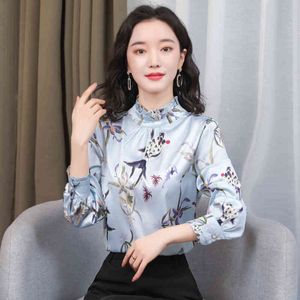 Koreanska Silk Blus kvinnor Satin Print S-tröjor Kvinna Ruffles Toppar Plus Storlek Långärmad 210427