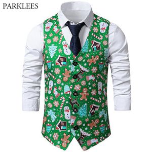 Green Boże Narodzenie Kamizelka Mężczyźni 2021 Marka 3D Xmas Drukuj Mężczyzna Kamizelka Casual Party Holiday Cosplay Tuxedo Gilet Homme Chaleco Hombre Męskie Kamizelki