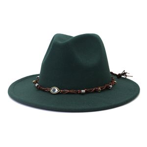 2022 New Autumn Winter Wide Brim Wool Felt Jazz Fedora Hats with Eye Woven Belt Women Men Party Goth Top Vintage Green Wedding Cap