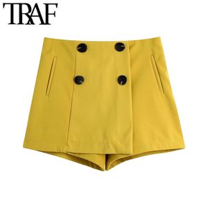 Traf Women Chic Fashion Buttons Dekorativa Bermuda Shorts kjolar Vintage Hög midja Back Zipper Female Skorts Mujer 210415