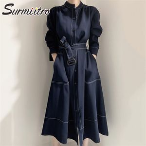 Estilo coreano Chic vestido longo mulheres elegante Único de manga breasted escritório senhora Midi feminino trincheira casaco 210421