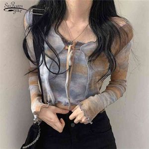 Chemisier Femme Tie Dye Bluzka Kobiety Sexy V-Neck Z Długim Rękawem Kobiet Top Lato Casual Lace Up Lady's Bluzka + Camis 10372 210521