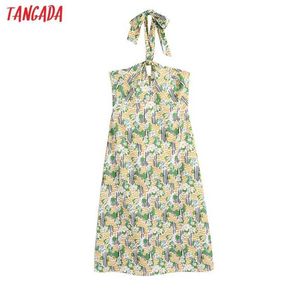 Tangada Fashion Flowers Print Halter Dresses for Women Back Bow Abito da spiaggia casual femminile CE189 210609