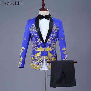 Royal Blue Gold Fish Embroidery Dress Suit Men One Button Shawl Lapel 3pcs Suits Mens Stage Prom Party Wedding Terno Masculino 210522
