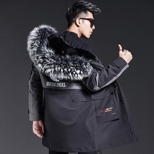 Women s Fur Faux Parka Men s One Piece Leather Coat Liner Raccoon Collar Mid Length Hooded Fashion Brand Winter