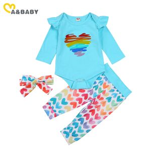 3-24m Dia dos Namorados do Dia dos EUA Rainbow nascido infantil bebê menina conjunto Ruffles Romper Coração Caças Primavera Outfits 210515