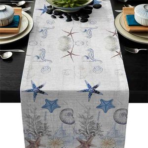 Ocean Starfish Shell Cinza Moderna Table Runner para Casamento Festa Chirstmas Bolo Floral Toalha de Tablecloth 210709