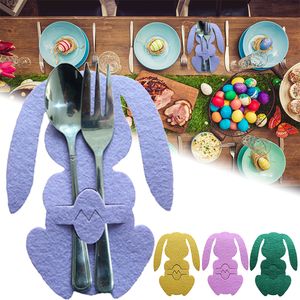 4 Pcs/set Easter Bunny Cutlery Bag Rabbit Eggs Spoon Fork Holder Bag Spring Party Cartoon Tableware Decoration