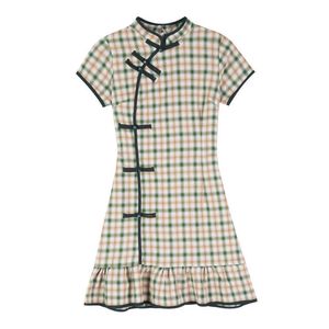 PERHAPS U Mandarin Collar Sleeve Short Sleeve Retro Cheongsam Mini Dress Summer Chinese Style Plaid Ruffle Green D1930 210529