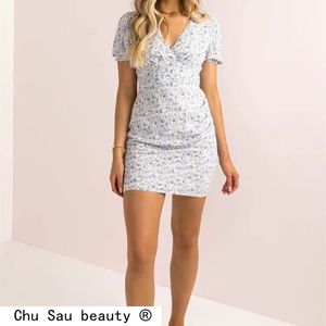 Summer Fashion Casual Chic Floral Print Midi Dress Women Street Style V-neck Short Sleeve Dresses Female 210508