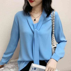 Blusas Mujer De Moda Uzun Kollu Mavi Şifon Bluz Kadınlar Yay V Yaka Ofis Bayanlar Tops Bayan Tops ve Bluzlar C256 210426