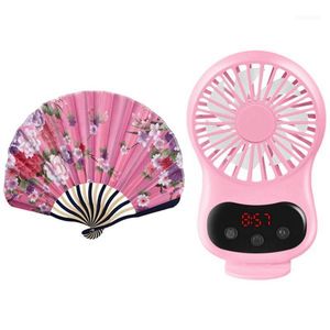 Chinese Japanse stoffen bamboe vouwen hand gehouden fan roze usb fans tijd display handheld oplaadbare desktop fans11