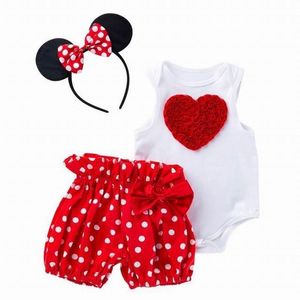 Baby Girl Cartoon 3 PZ SET Cotton Love Heart Pagliaccetto senza maniche + Pantaloncini a pois + Cerchietto per capelli Vestiti per abiti carini YK012 210610