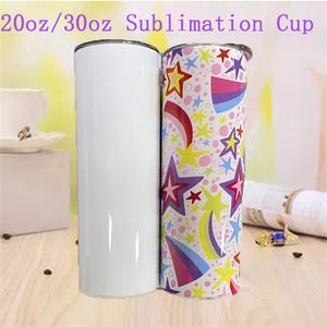 Spersonalizowany DIY Sublimation 20OZ 30oz Skinny Tumbler Biały Puste Wyciek Proof Butelka Wody z pokrywką i słomy kubki na prezent Party 210913