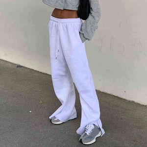 Female Autumn Slit Pant Women Drawstring Cotton Wide Leg Pants Sweatpants Trousers High Waist Solid Sweat Pants 2021 New Y211115