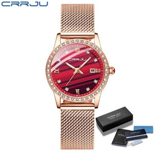 Women CRRJU Fashion Casual Red Diamond Watches Ladies Beauty Elegant Crystal Waterproof Quartz Mesh Watches Zegarek Damski 210517