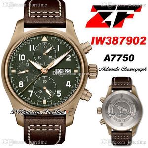 ZF V2 Spitfire ETA A7750 Automatik-Chronograph Herrenuhr 387902 41 mm Bronzegehäuse, grünes Zifferblatt, braunes Lederarmband mit weißer Linie Puretime Super Edition N100E5