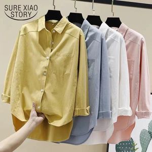 Långärmad Vintage Solid Skjortor Koreanska Stil Höstblus för Kvinnor Plus Size Cardigan Ladies Toppar Kläder 8894 50 210415