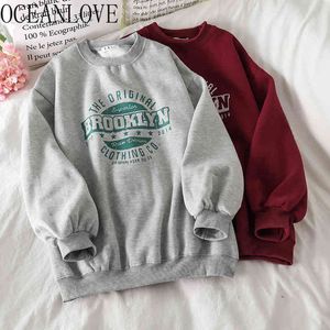 Fleece Winter Warme Hoodie Herbst Druck Brief Vintage Koreanische Hoodies Frauen BF Preppy Style Sweatshirts 18574 210415